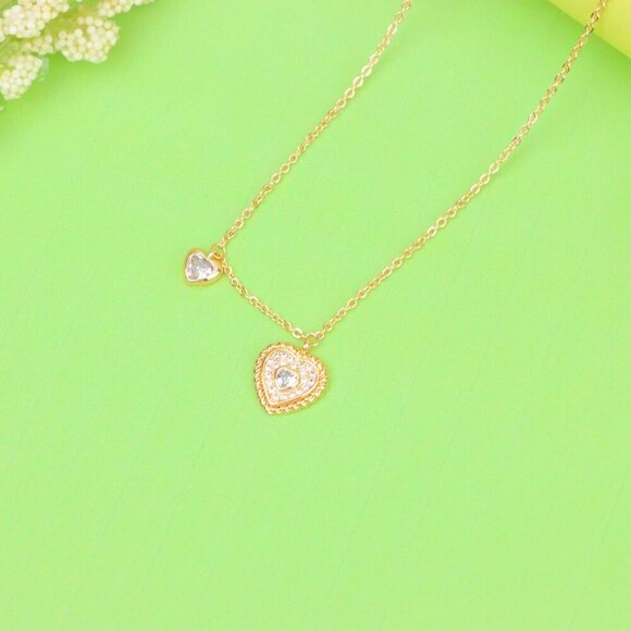 "Rose Gold Heart Pendant Necklace with Dual Charm, Elegant Design, XPNL1877 - Picture 11 of 12